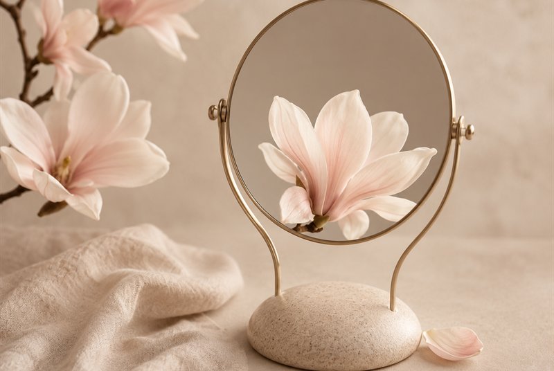 Un miroir posé sur un galet, reflétant une fleur épanouie