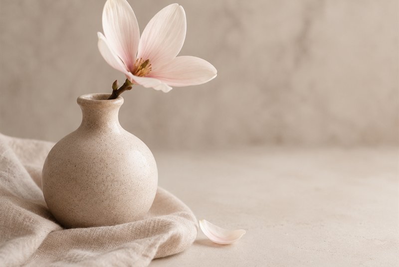Une fleur de magnolia dans un vase, un pétale tombé à côté