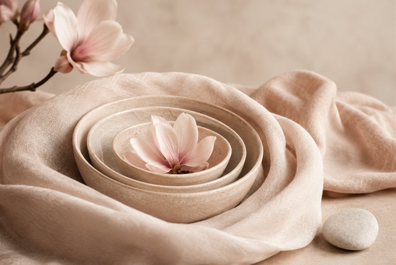 Des bols emboîtés enveloppés de lin, une fleur de magnolia au centre