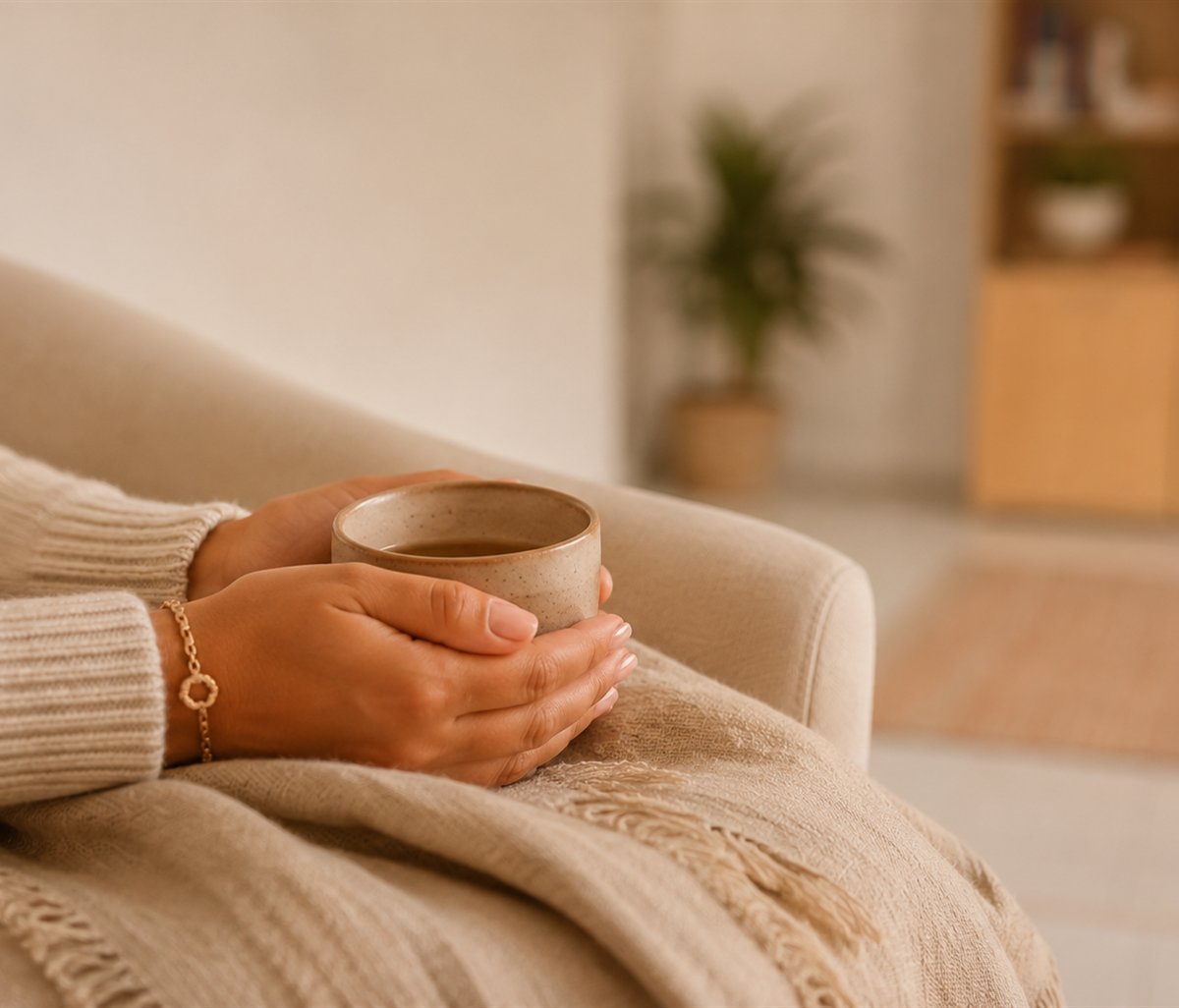 Une tasse chaude tenue à deux mains, dans un fauteuil